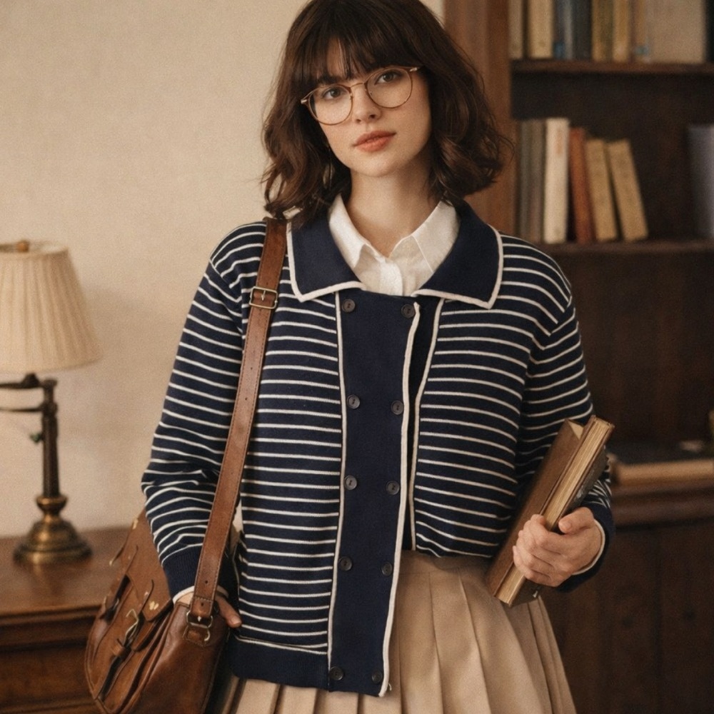 Talbots Navy and White Striped Button-Front Cardigan